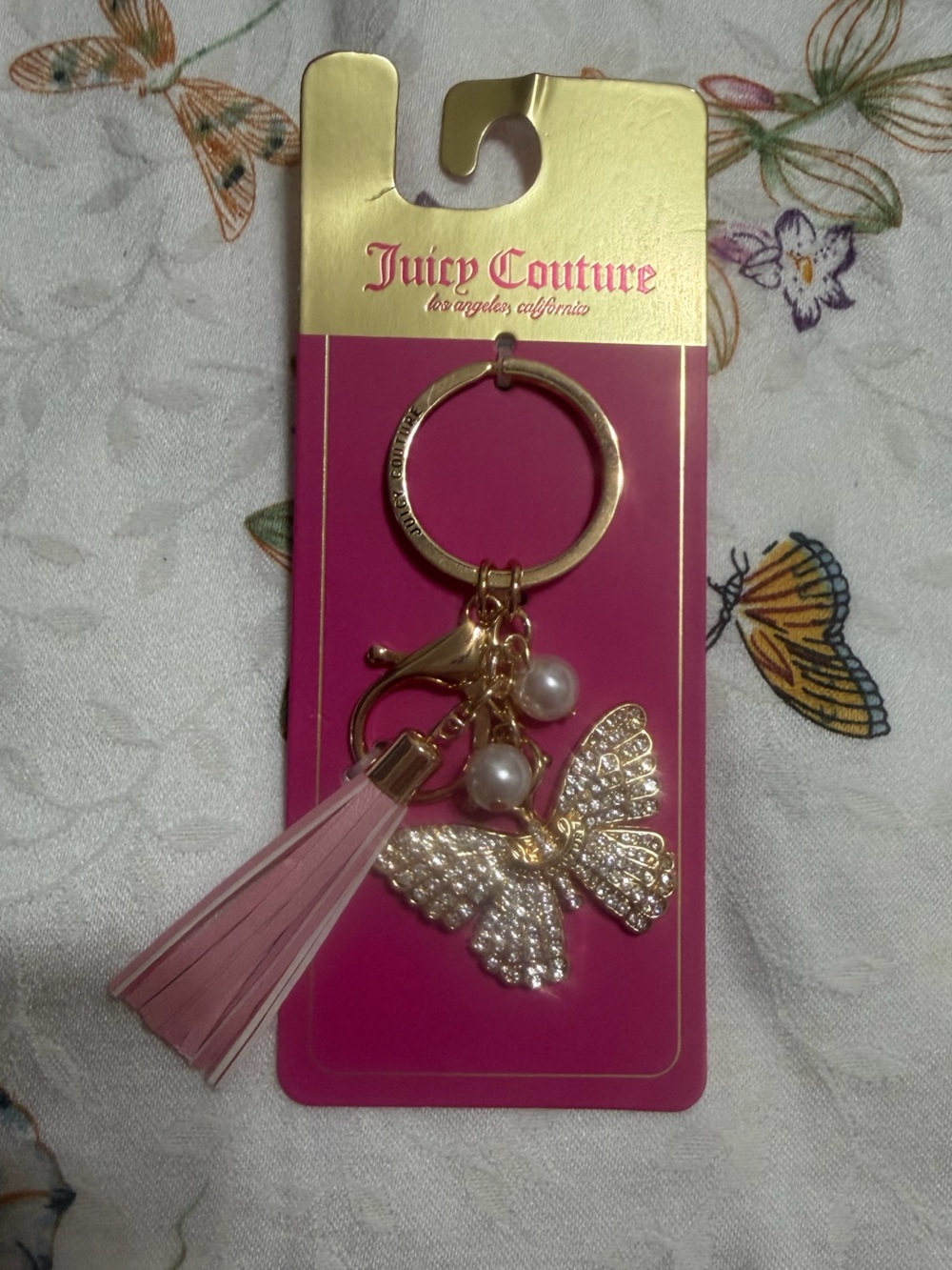 Juicy Couture Gold Butterfly Keychain with Pink Tassel & Pearls